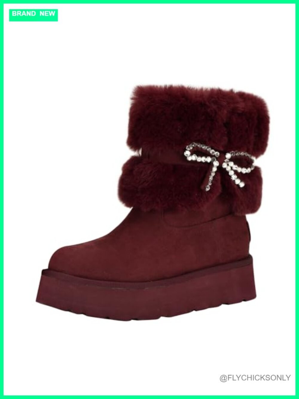 Faux Suede Ankle Winter Bootie with Rhinestone Bow & Faux Fur Lining